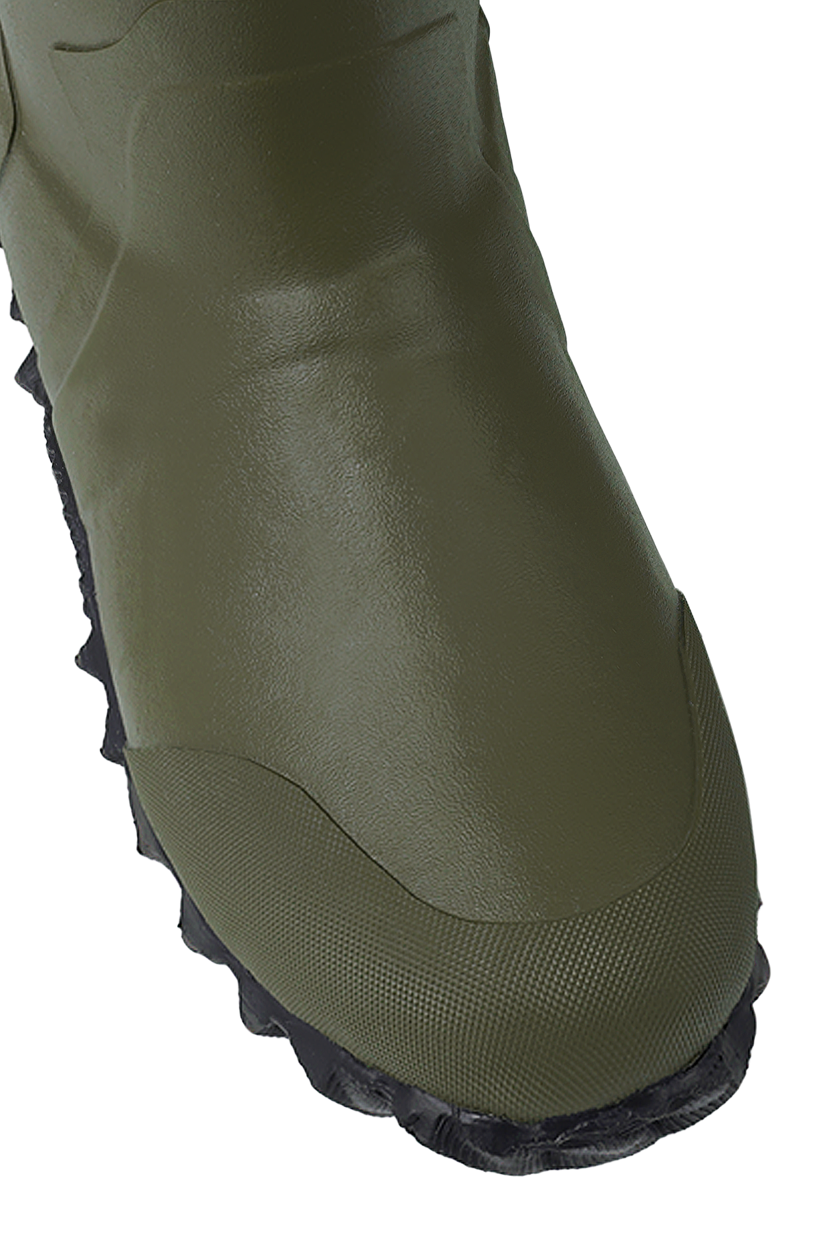 alt="Close-up of the toe section of Trudave FrostTrail Series men’s waterproof neoprene hunting chest waders with boots in Real Reed camo showing reinforced rubber toe cap, heat-welded seams, and thick waterproof construction designed for durability and traction in duck hunting conditions"